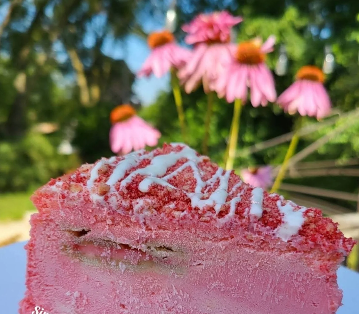 Pink strawberry crunch cheesecake topped with icing, with pink flowers in the background