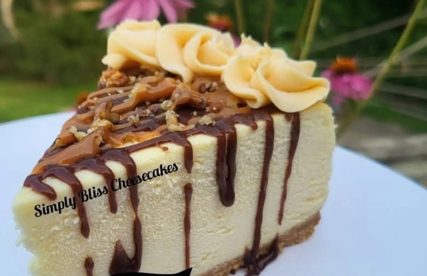 Turtle cheesecake covered in chocolate and caramel