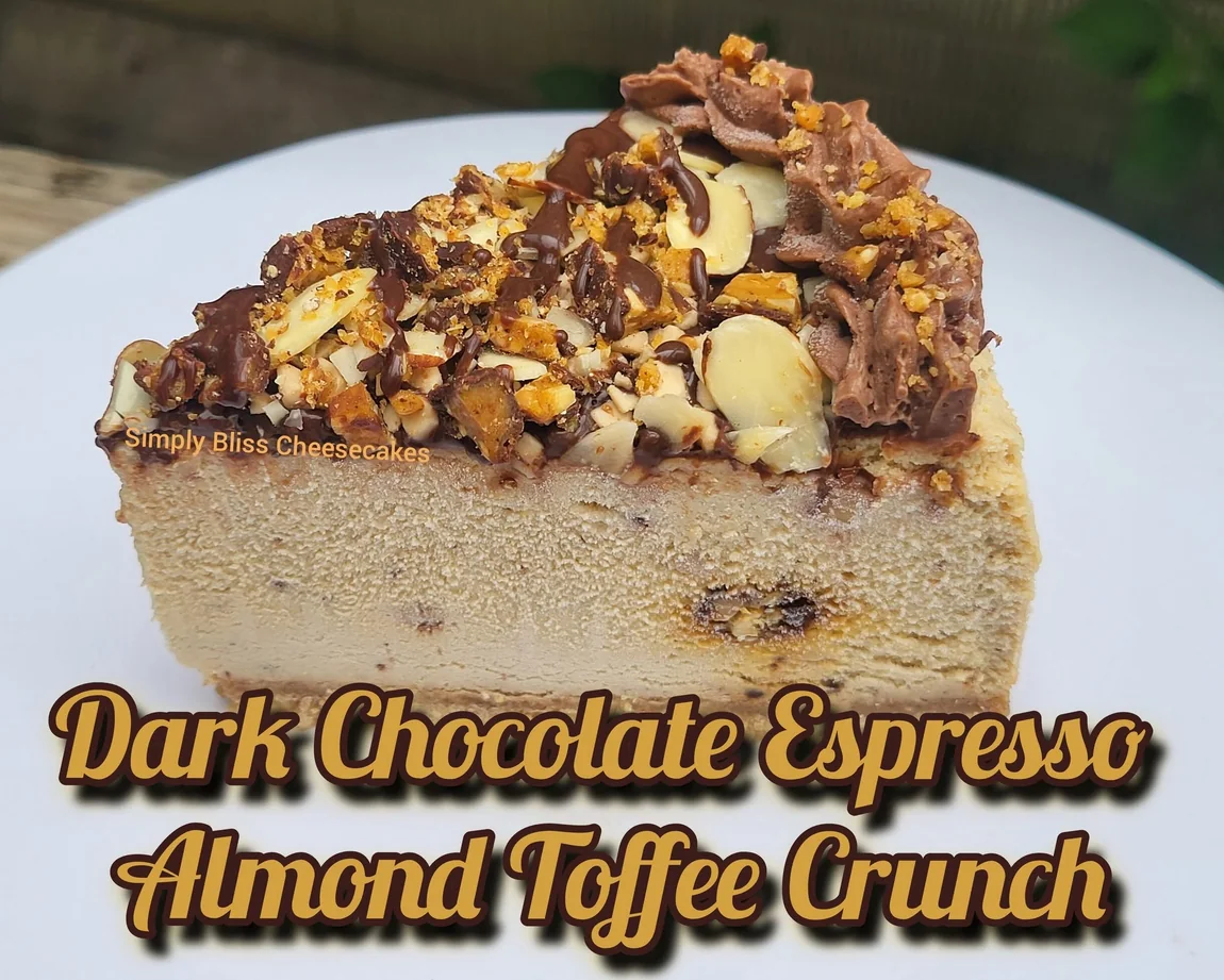Simply Bliss Dark Chocolate Espresso Almond Toffee Crunch cheesecake photographed by the bakery