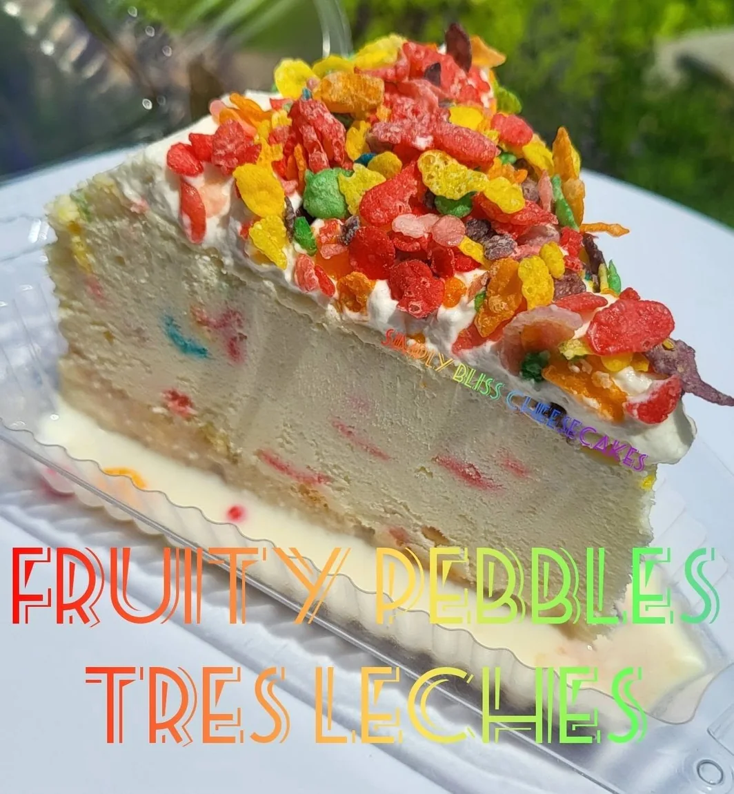 Simply Bliss Fruity Pebbles Tres Leches cheesecake photographed by the bakery